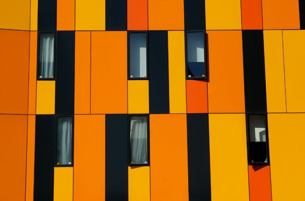 A brightly-coloured cladded building